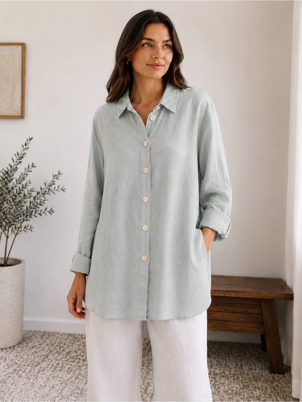CP Shades 100% Linen Button Front Top | Light Blue | Large